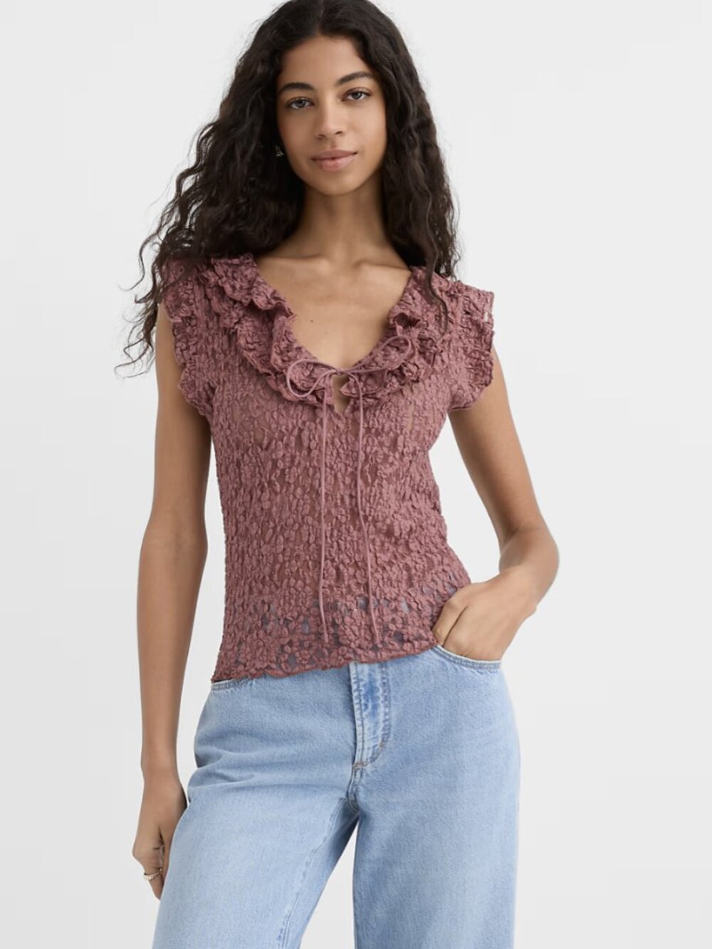 LOFT Lace Ruffle Tie Neck Top Rose Blush NWoT